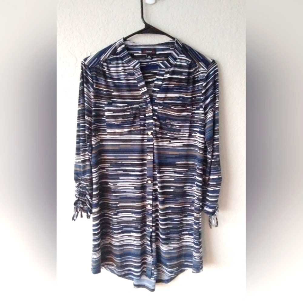 Cocomo Blouse Top Shirt Womens XS Stretch Jersey Knit Stripe Tunic Blue Black